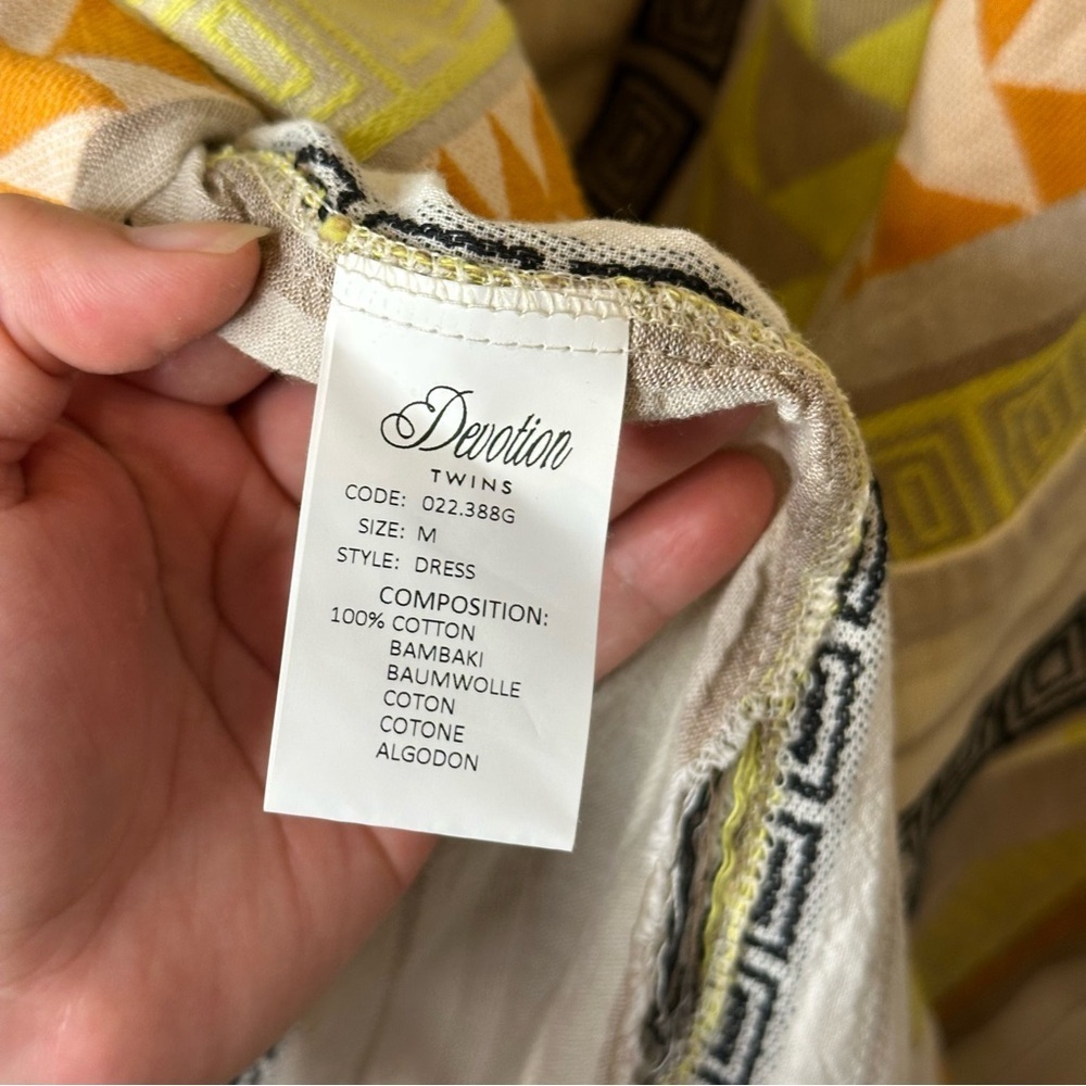 Devotion Twins Creme Yellow Embroidered Oxia Geo Kaftan Dress Sz M Boho Coastal - Picture 10 of 11